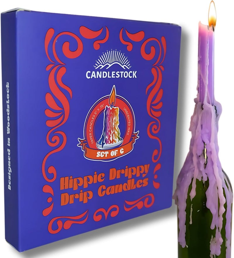 Candlestock Hippie Drippy Drip Candles - Pack of 6 Dripping Taper - Wine Bottle Melting Candles (Purple) - Image 1